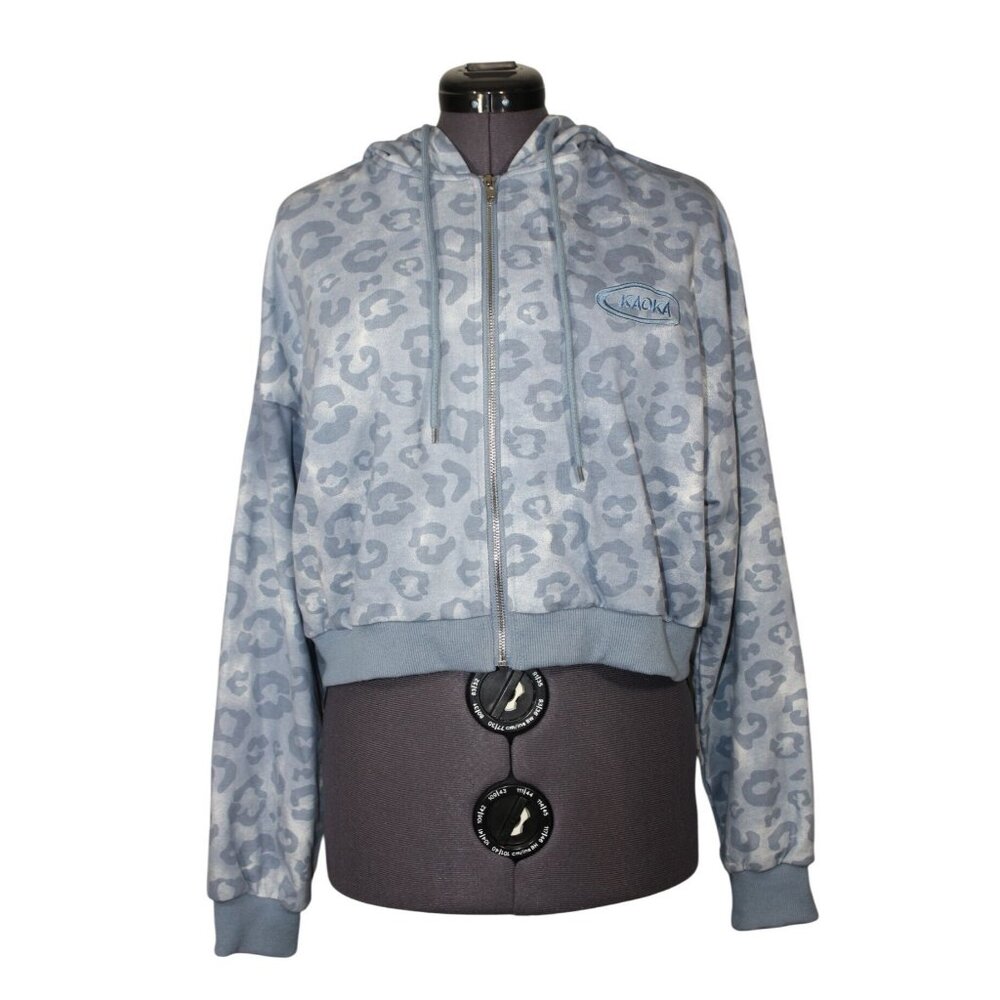 Kaoka youth blue leopard print relaxed fit full zip crop hoodie sweatshirt XL‎
